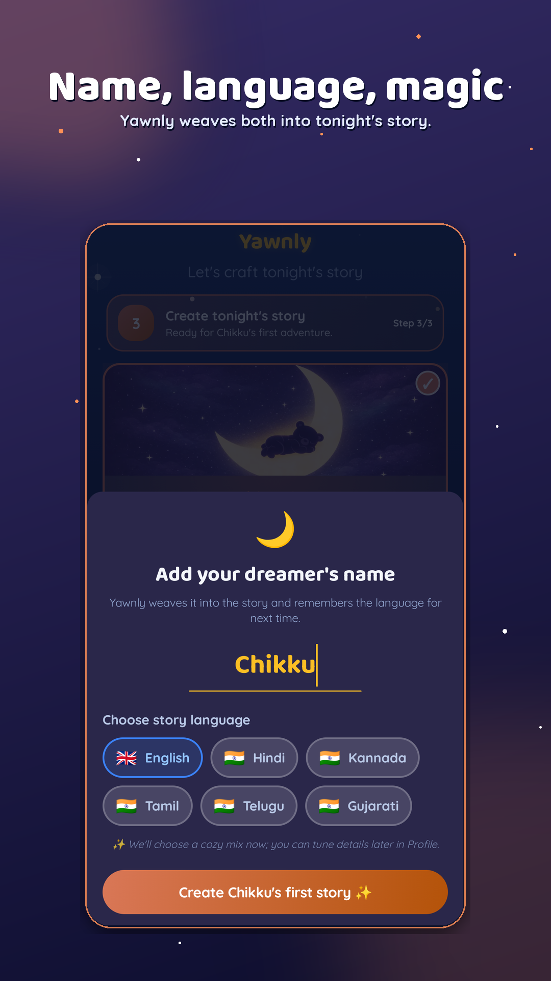 Name and language configuration screen