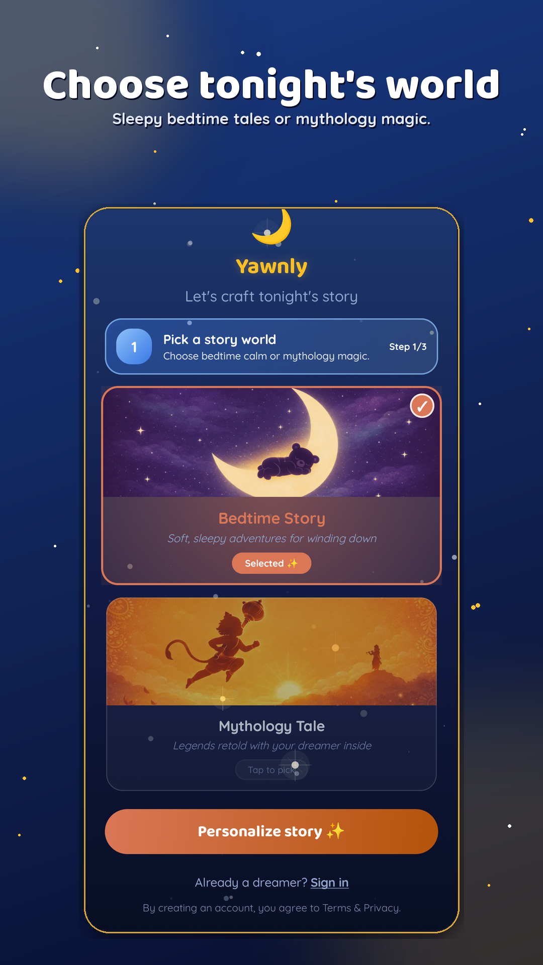 Choose a story world onboarding screen