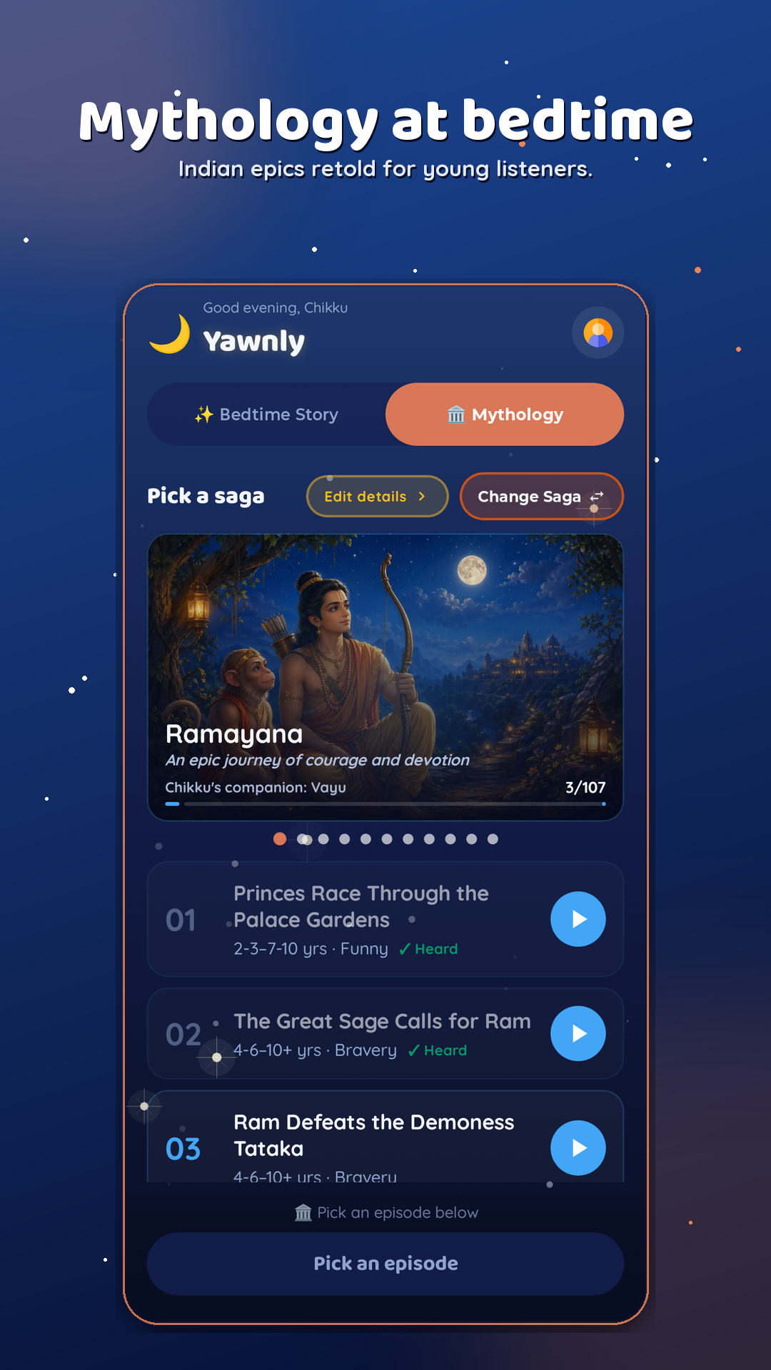 Mythology bedtime episodes selection screen